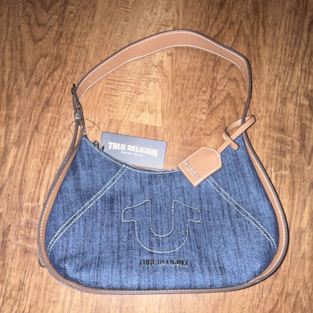 True Religion Denim Blue & Brown Shoulder Bag with Logo Stitching & Tag